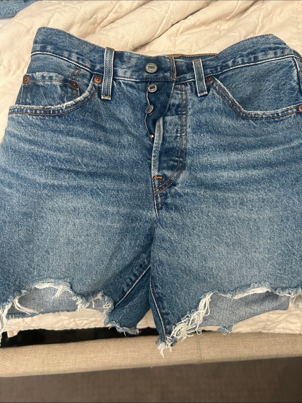 Levi's Medium Blue Distressed High-Rise Jean Shorts